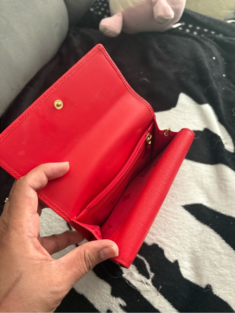 MCM Red Leather Fold Wallet with Gold Logo Accents - Picture 4 of 8